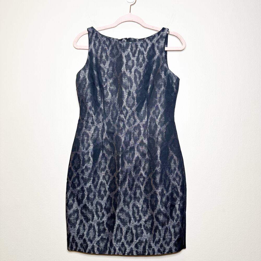 Ann Taylor Metallic Sheath Cocktail Dress Animal Print Black Wool Blend 4 Petite